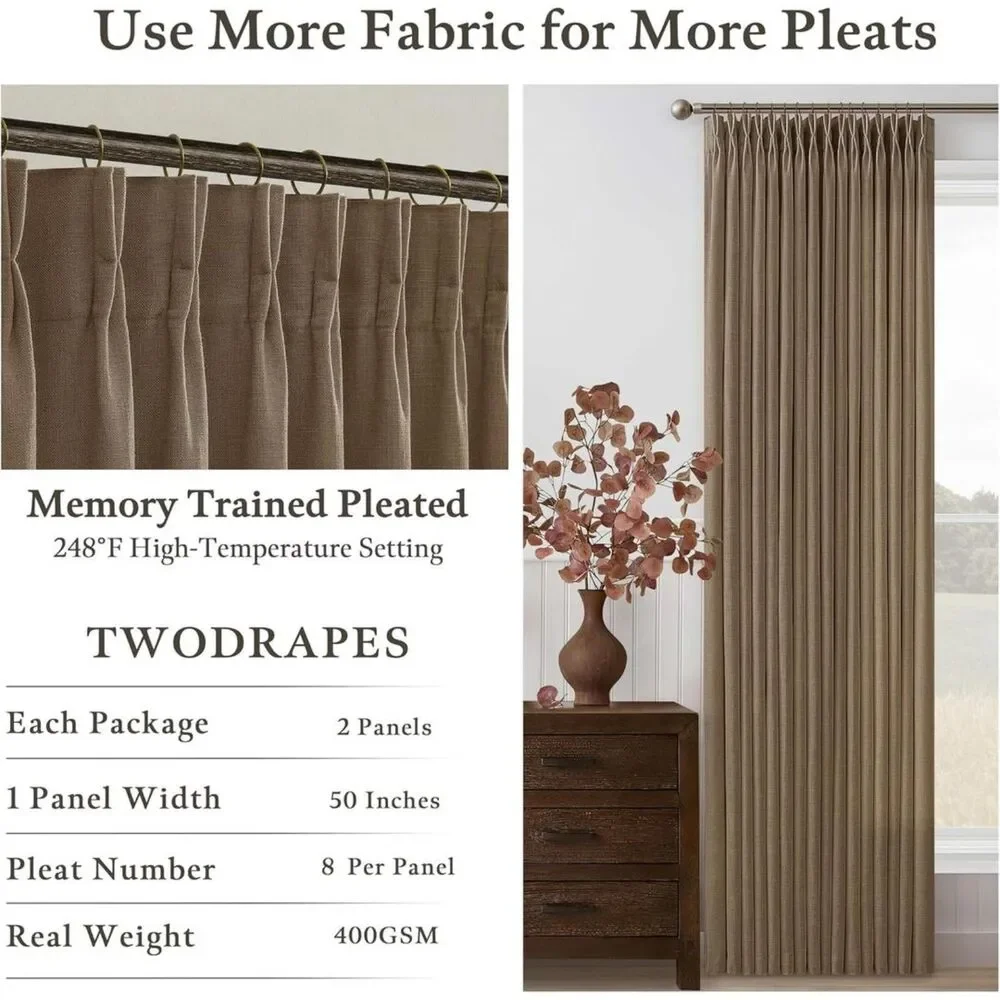 Brand New Twodrapes Dutch Cocoa Extra-Long Pleated Linen Curtains – Set of 2